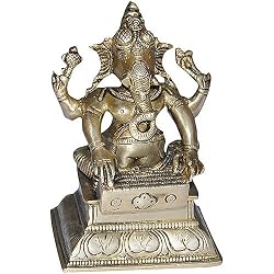 God Ganesha Brass Sculpture Playing Bina