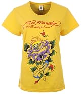 Ed Hardy Womens Rhinestone T-Shirt Diamond Flower Yellow