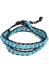 Trendy and Chic Turquoise Beads Wrap Genuine Leather Bracelet or Necklace