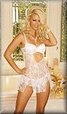 Lace Baby Doll with Cut Out Front and Underwire Cups. Has Adjustable Straps and Adjustable Back Closure. Matching G-String Included. Sizes Small, Medium, Large or X-Large in White.