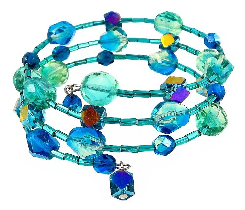 Bracelet - B97 - Glass, Firepolished Glass and Bugle Beads Wrap Around with Dangly Ends - Round and Oval Beads ~ Teal, Green & Aqua
