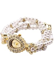 Yesurprise New White Metal Faux Pearl Glass Beads Bracelet Bangle Lady Heart Dial Band Women Girl Watch Gift