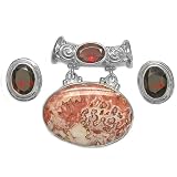 Sterling Silver Mexican Crazy Lace and Garnet Pendant and Garnet Post Earrings Set By Sajen