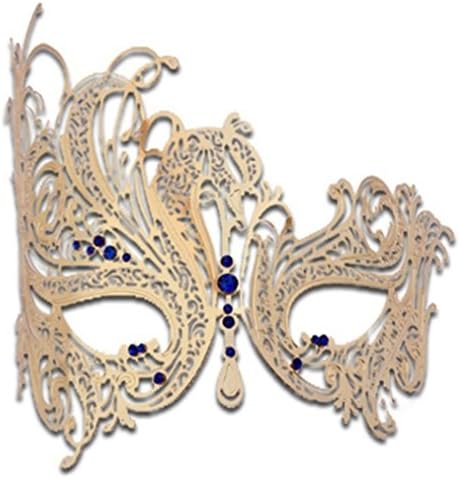 Women's Swan Metal Filigree Laser Cut Venetian Masquerade Mask delicately and artfully crafter with Rhinestones (Golden Swan mask with Blue Rhinestones)