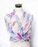 Chiffon Fashion Bubble Crocheted Pink/Blue Floral Print on White - Long Silk Scarf with Ruffle Trim 20