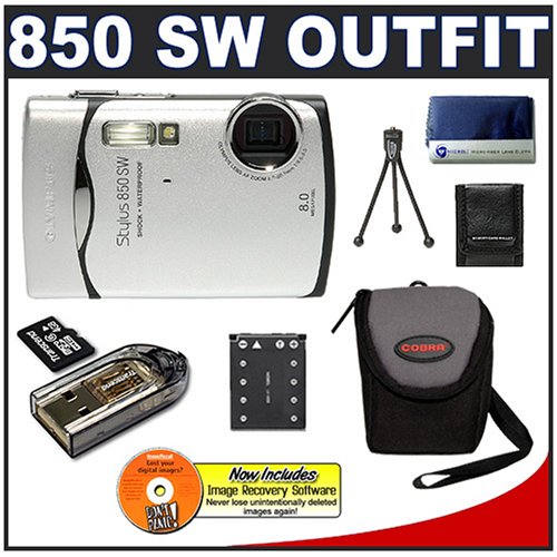 Olympus Stylus 850SW 8MP Waterproof Digital Camera with Image Stabilized 3x Optical Zoom (Silver) + Transcend 4GB microSDHC Card with Card Reader + Spare Li-42B Battery for Olympus + Compact Padded Camera Case