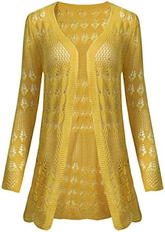 Zerdocean Women's Crochet Knit Lightweight Slim Fit Long Cardigan Yellow