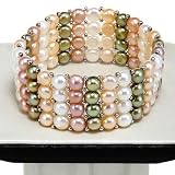 Four-Strand Gold, White, Pink & Green Freshwater Pearl Handmade Bracelet