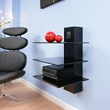 Hifi Stand / Shelves Black Glass, Cable Mgt, Wall Mounted, Modern 14A