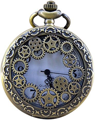 Unique Design Bronze Mechanical Gear Clamshell Quartz Pocket Watch Necklace Chain Gift