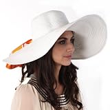Luxury Lane Women’s White Floppy Paper Straw Sun Hat with Removable Orange Scarf