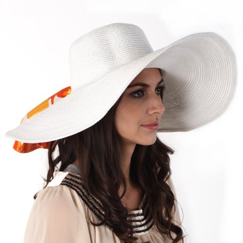 Luxury Lane Women's White Floppy Paper Straw Sun Hat with Removable Orange Scarf