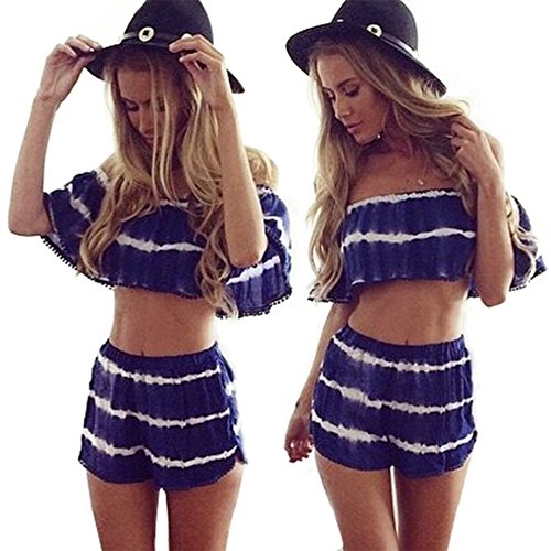 Chicnova Women's Blue 2 Pieces Outfit Stripe Nightclub Crop Top + Loose Short Pant