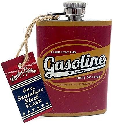Stainless Steel Flask, 4oz, Retro "High Octane, Lubricating, Highly Flamable" Gas Can Design