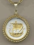 Cyprus 5 Mils Viking Ship Two Tone Rope Edge Coin Pendant with 18 Chain