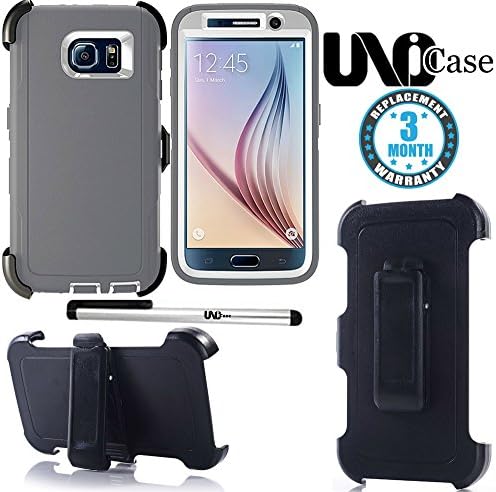 Samsung Galaxy S 6, Uno iCase®, Heavy Duty Shockproof Defender Series with Built-in Screen Protector/ Belt Clip Holster/ Case Cover for Samsung S6 and free Stylus Pen free extra 3 Screen Protect (Gray)
