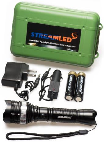 STREAMLED 1200 Lumen Rechargeable Zoomable CREE XM-L T6 LED Flashlight + Car Charger + Straight Charger + 18650 Battery