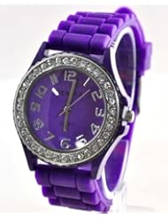 New Silicone Gel Ceramic Style Jelly Band Crystal Bezel Womens Watch Purple