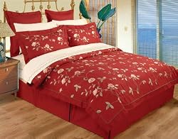 10 Piece Full / Queen Red 100% Cotton High Quality Emboridery Duvet Cover Bedskirt and Sheets Set
