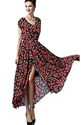 V-neck Ankle Length General Print Elasticized   Waistline Slit Short Sleeves Chiffon Maxi Dress 
