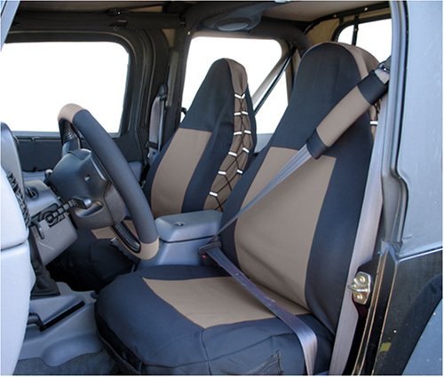 Rampage Products Interior Comfort Combo PacksPolycanvasFrontJeepWrangler2003 to 2006Front -Black & Tan -Polycanvas Seat Covers, 2 Belt pads, Steering wheel cover
