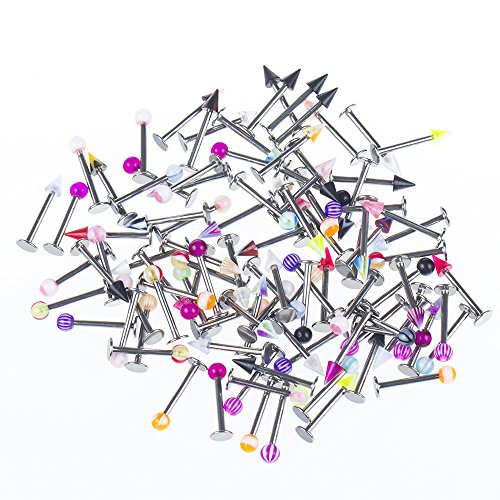 BODYA-Lot-of-100-Assorted-UV-Labret-Lip-Bar-Chin-Lip-Rings-Piercing-Surgical-Steel-16G-Body-Jewelry