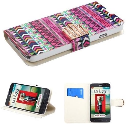 Glitter Wallet Card Holder Stand Armor Cover Protector Phone Case LG L70 + FREE PRIMO DESIGN CARTOON FOLDABLE TOTE BAG (PINK TRIBAL / DIAMOND)