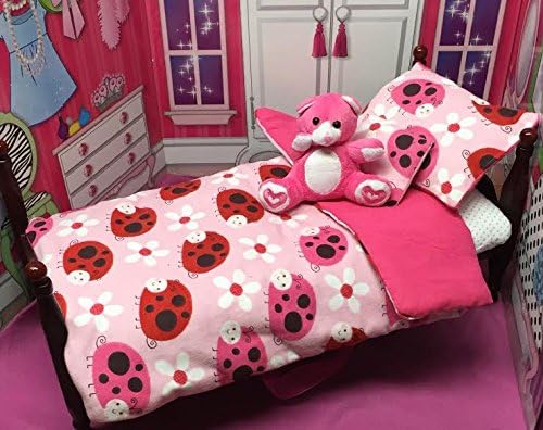 Doll pink ladybug bedding set FITS American Girl with plush bear!
