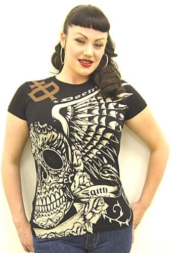 Doctrine Apparel Womens Apologete Winged Day of the Dead Sugar Skull Cross Shirt Defend The Faith Small - XL