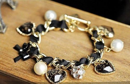 PPPerson Women's New Fashion Girl's Favorites Leopard Pearls Heart Diamante Bow Bracelets Jewelry