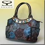 【新入荷】サボイ（SAVOY）（ブラウン/ブルー）バルーン柄　サークルビジューサイドポケット付きトートバッグ（ジッパー開閉）SM68150