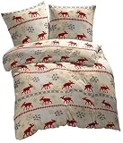 Produkt-Bild: CASA D'OR 4006712074120 135/200 + 80/80 wei&szlig;-rot Biber-Bettw&auml;sche "Elch Torben", 100 % Baumwolle