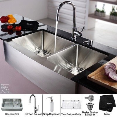 Kraus KHF203-36-KPF1622-KSD30CH 36 inch Farmhouse Double Bowl Stainless Steel Kitchen Sink with Chrome Kitchen Faucet and Soap Dispenser