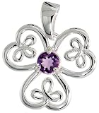 Sterling Silver Celtic Shamrock Flower Pendant, w/ Brilliant Cut Natural Amethyst Stone, 1" (25mm) tall