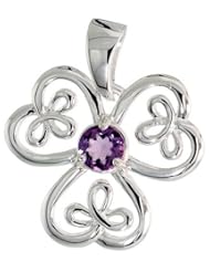 Sterling Silver Celtic Large Shamrock Pendant w/ Natural Amethyst, 1 inch (25 mm) tall