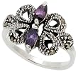 Sterling Silver Marcasite Butterfly Ring, w/ Marquise Cut Amethyst CZ, 9/16 (15mm) wide