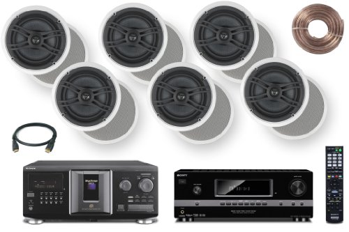 Sony 300-Disc Mega-Storage CD Changer / Player + Sony HD Digital Cinematic Sound 700 Watts 7.1 Channel 3D A/V Receiver + Yamaha Natural Sound Custom Install In-Ceiling 2-Way 120 watts Speaker (Set of 6) with 1 Tweeters & 8 Woofer + 100ft 16 AWG Speaker Wi