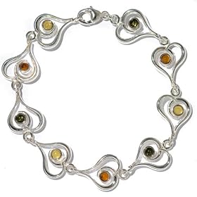 Certified Genuine Multicolor Amber and .925 Sterling Silver Valentine's Heart Bracelet