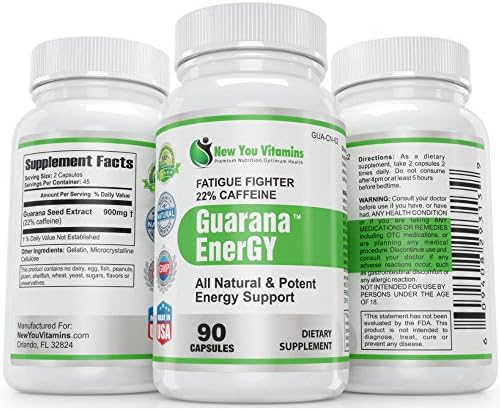 Guarana Energy Fatigue Fighter 22% Caffeine Guarana Seed Extract 900mg 90 Capsules 1 Bottle