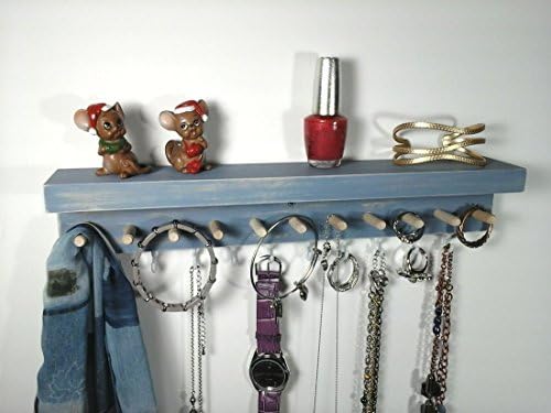 Jewelry Organizer Wall Mount Jewelry Holder with Shelf. Keep the Jewelry You Use Most Often in one Convenient Place. Handmade with Pine Wood, Hardwood Pegs and Vinyl Coated Hooks. Medium Blue.