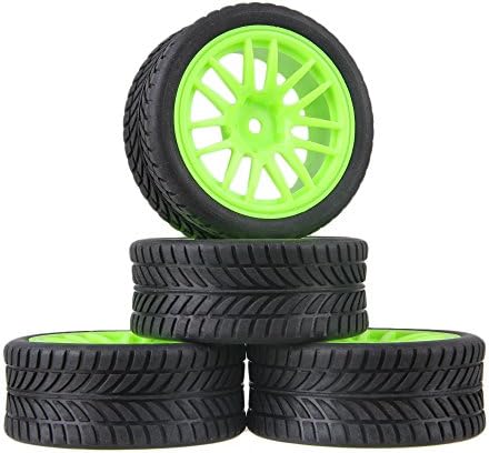 Mxfans RC1:10 Black e Oriented Rubber Tyre + Green Plastic 14-Spoke Wheel Rims for On Road Car Vehicle Pack of 4