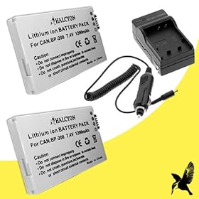 Two Halcyon 1200 mAH Lithium Ion Replacement Battery and Charger Kit for Canon DC40 4.3MP DVD Camcorder and Canon BP-208