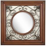 Graphics International I-352 Medium Brown Toned Square Wall Sculpture With Centered Round Mirror