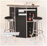 Black bar unit with chrome accents and two stools