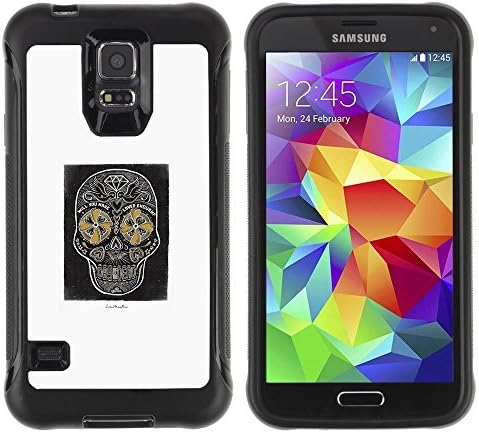All-Round Hybrid Rubber Case Hard Cover Protective Accessory Compatible with SAMSUNG GALAXY S5 - skull art pen ink tattoo art white minimalist