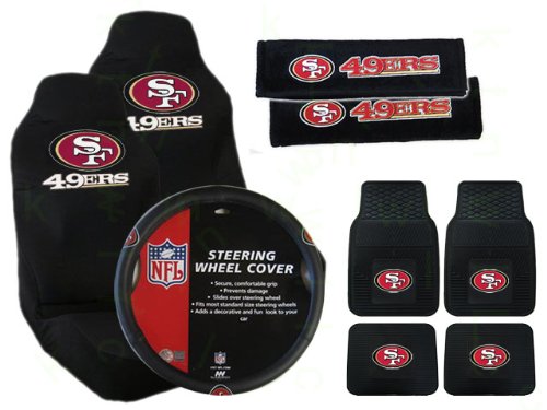 9 Piece NFL Gift Set - 4 Universal-Fit Molded Rubber Floor Mats and 2 Universal-Fit Seat Covers and 2 Seat Belt Shoulder Pads and Rubber Grip Steering Wheel Cover - San Francisco 49ers