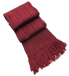 Handmade Lightweight Alpaca Natural Fiber Scarf - Cabled Design in Elegant Wine with Classic Fringes (Men/women Gift Idea)