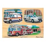 Melissa & Doug Deluxe Wooden Emergency Vehicles Light and Sound Peg Puzzle