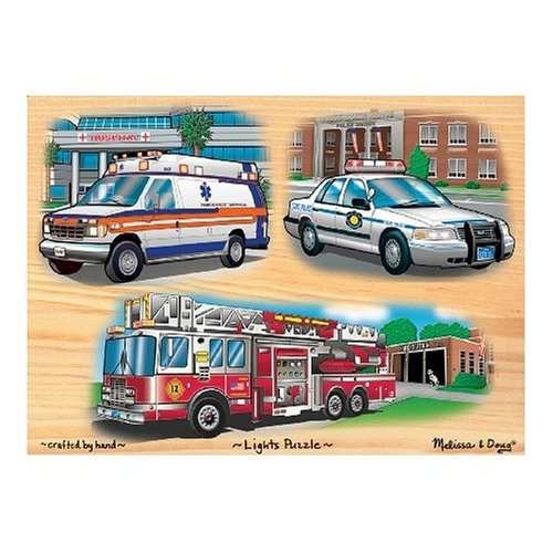 Childrens Toyshop  Toys : Melissa & Doug Deluxe Wooden Emergency Vehicles Light and Sound Peg Puzzle