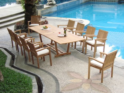 New 11 Pc Luxurious Grade-A Teak Dining Set - Large 117" Rectangle Table and 10 Stacking Arm Chairs [Model:LB8]